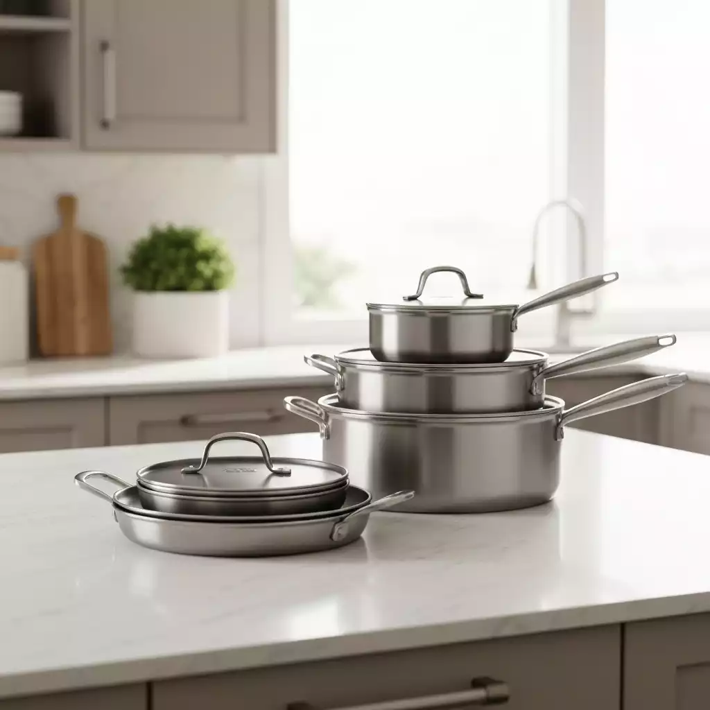 Pampered Chef tri-ply cookware set on a kitchen counter, no text, no words, no typography, clean image
