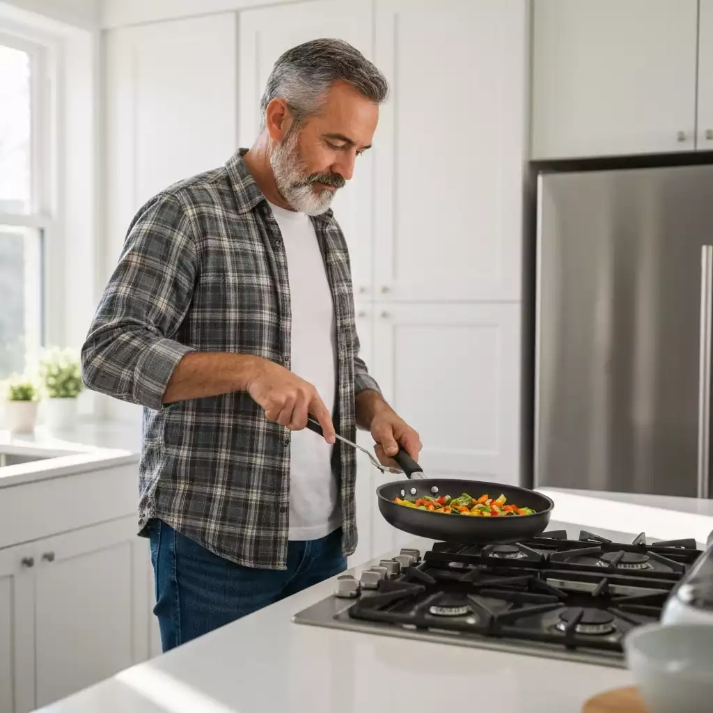 Lifestyle shot of a person using an affordable nonstick pan to cook vegetables, bright and clean kitchen background. No text, no words, no typography, 8K, clean image.