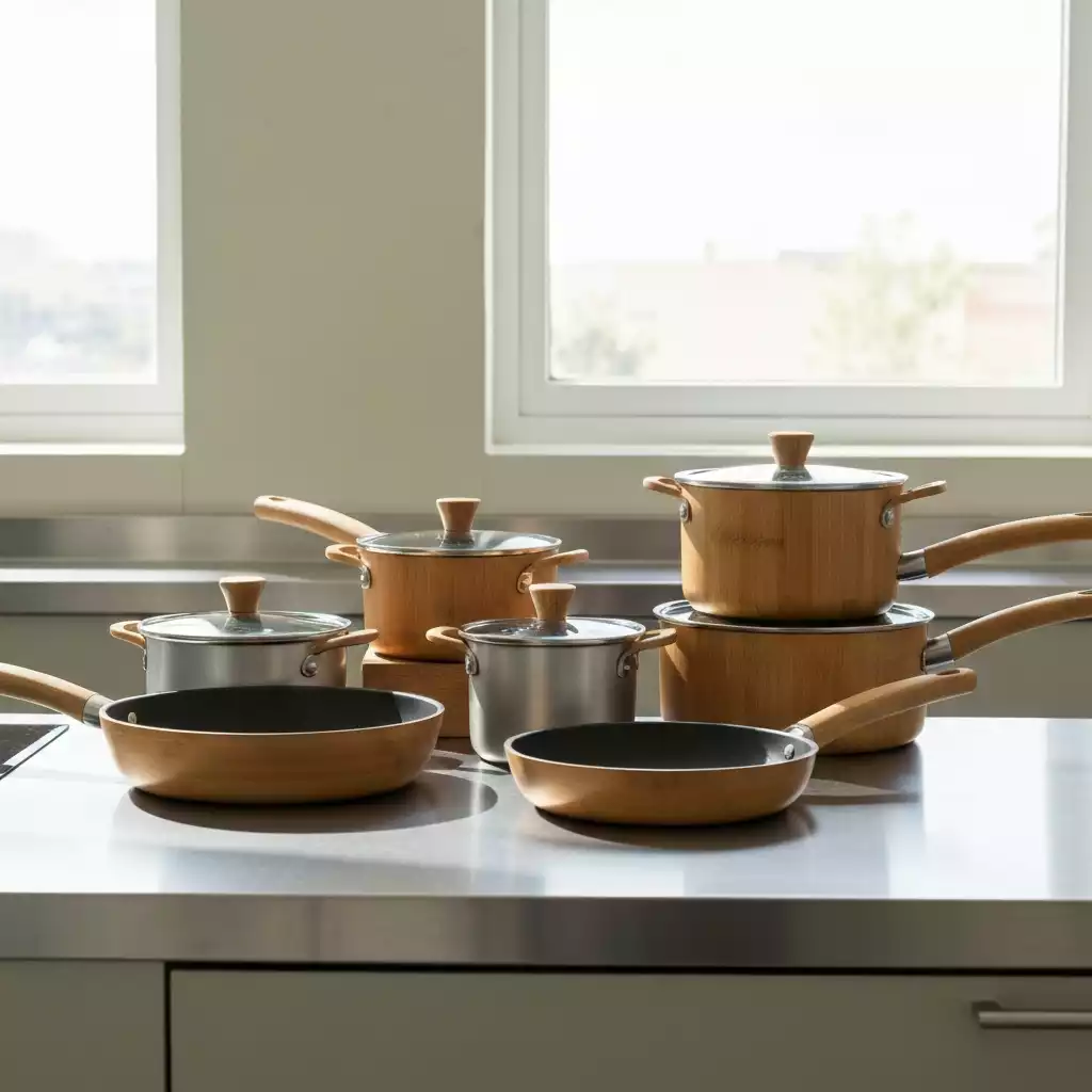 Modern eco-friendly cookware set on a clean kitchen counter