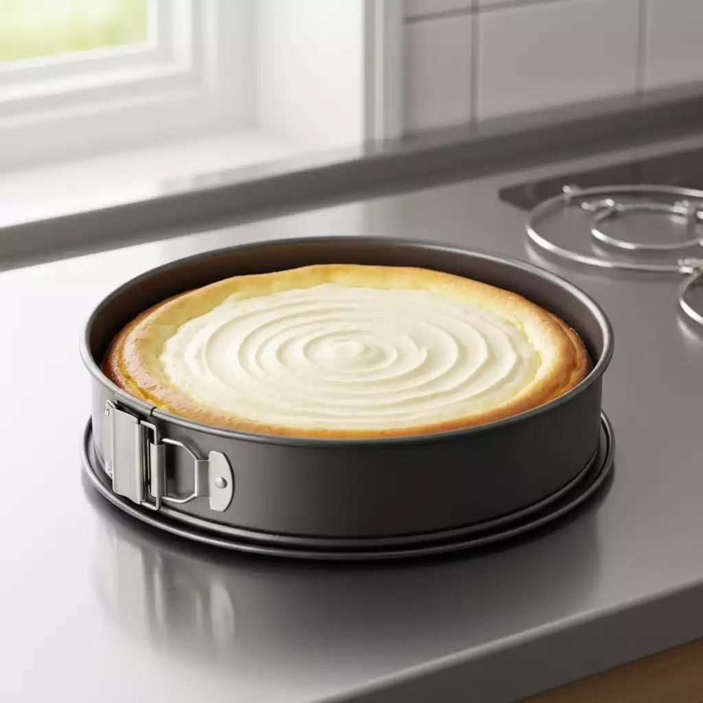 Pampered Chef Springform Pan Set with a baked cheesecake inside