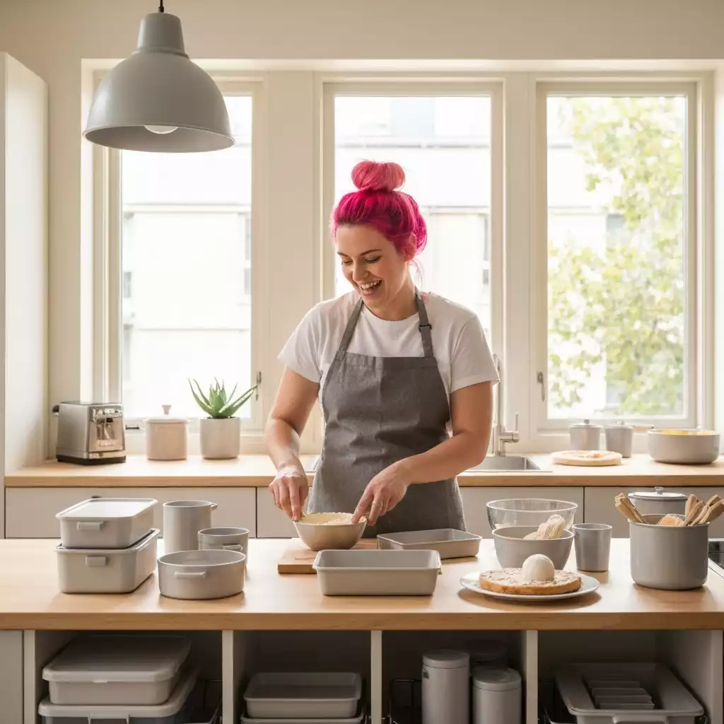 Baking enthusiast working in a small, organized kitchen space with compact bakeware