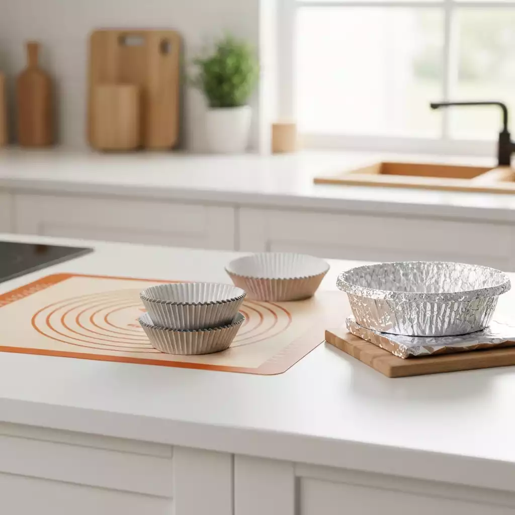 Assortment of baking liners including silicone mat, parchment paper, and aluminum foil on a kitchen counter