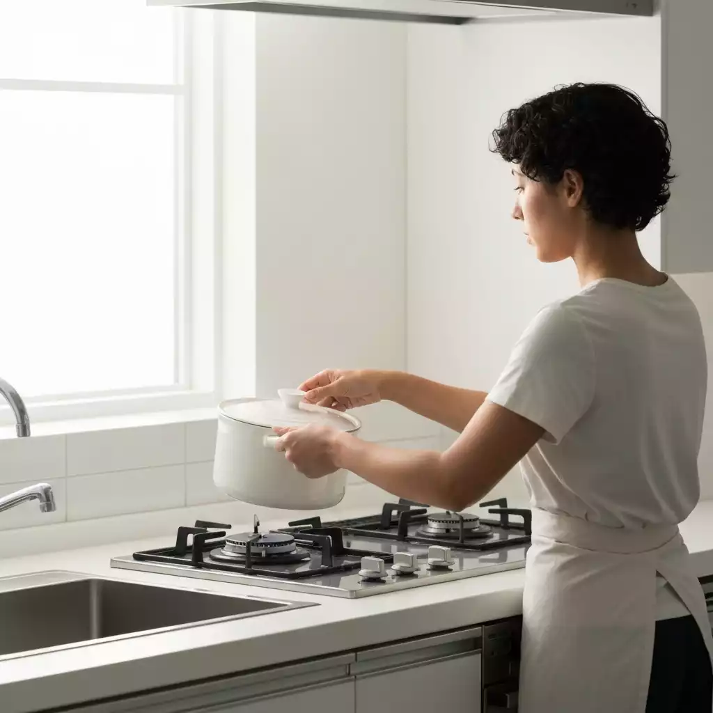 Person easily lifting a lightweight pot from a stove with one hand, demonstrating ease of handling, clean kitchen background