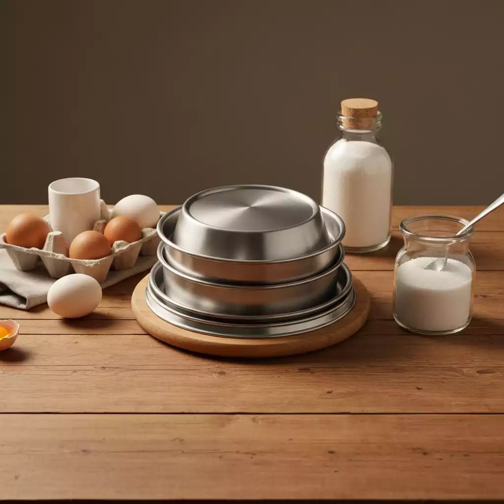 Pampered Chef Flan Pan Set with various baking ingredients around it, lifestyle shot