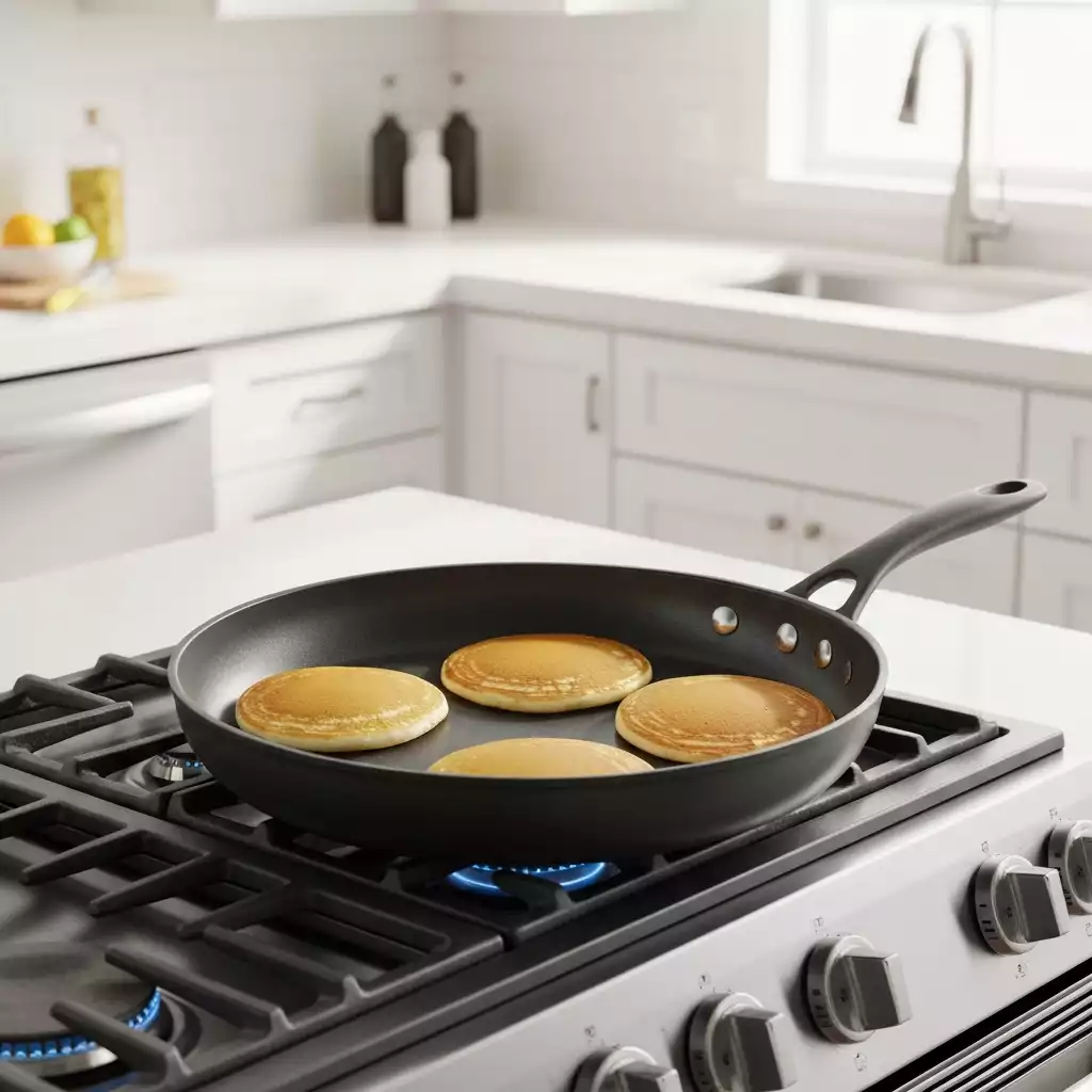 Pampered Chef nonstick pan with food cooking, no text, no words, no typography, clean image