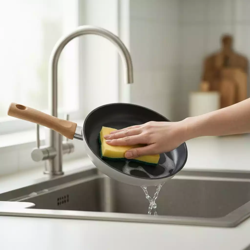 Close-up of a hand gently washing a ceramic nonstick pan with a soft sponge, illustrating proper maintenance