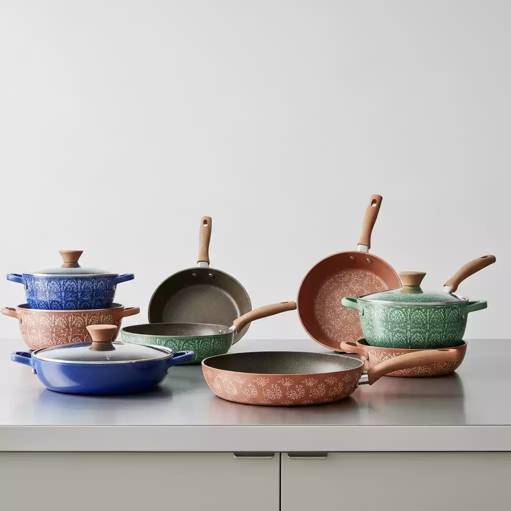 Assortment of ceramic nonstick cookware with various colors and designs on a clean kitchen counter