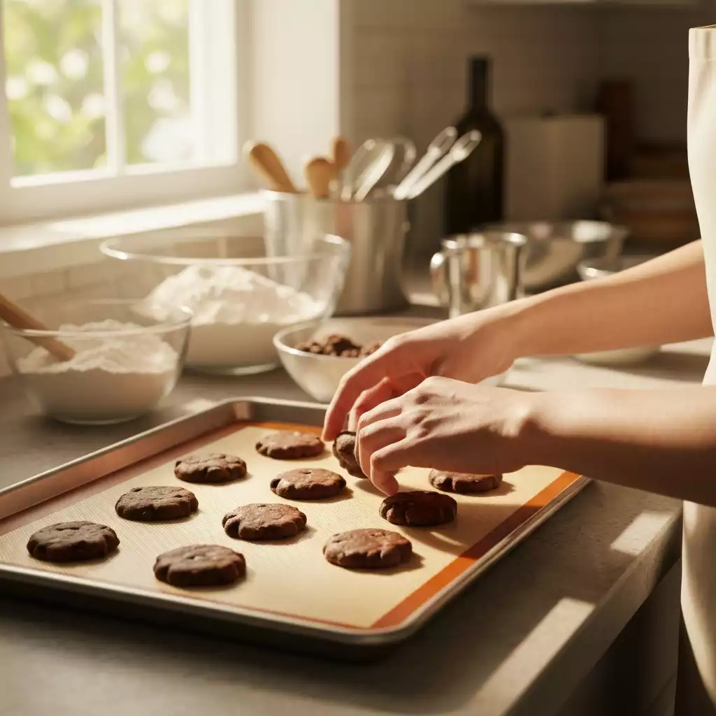 Close-up of a baker placing cookies on a silicone baking mat on a baking sheet, with other baking alternatives in the background
