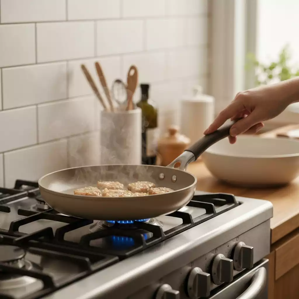 Close-up of a hand cooking with a ceramic nonstick pan on a stovetop