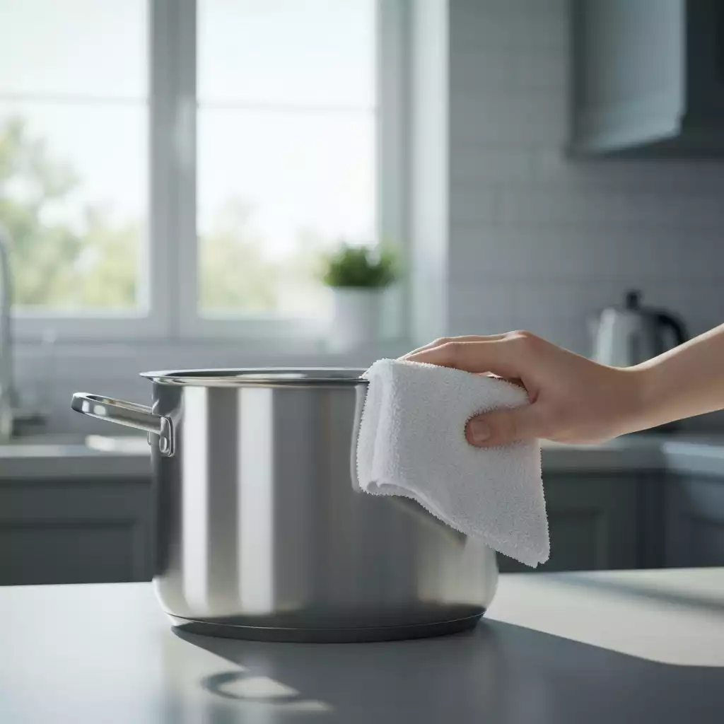 Clean and shiny stainless steel pot being wiped with a soft cloth
