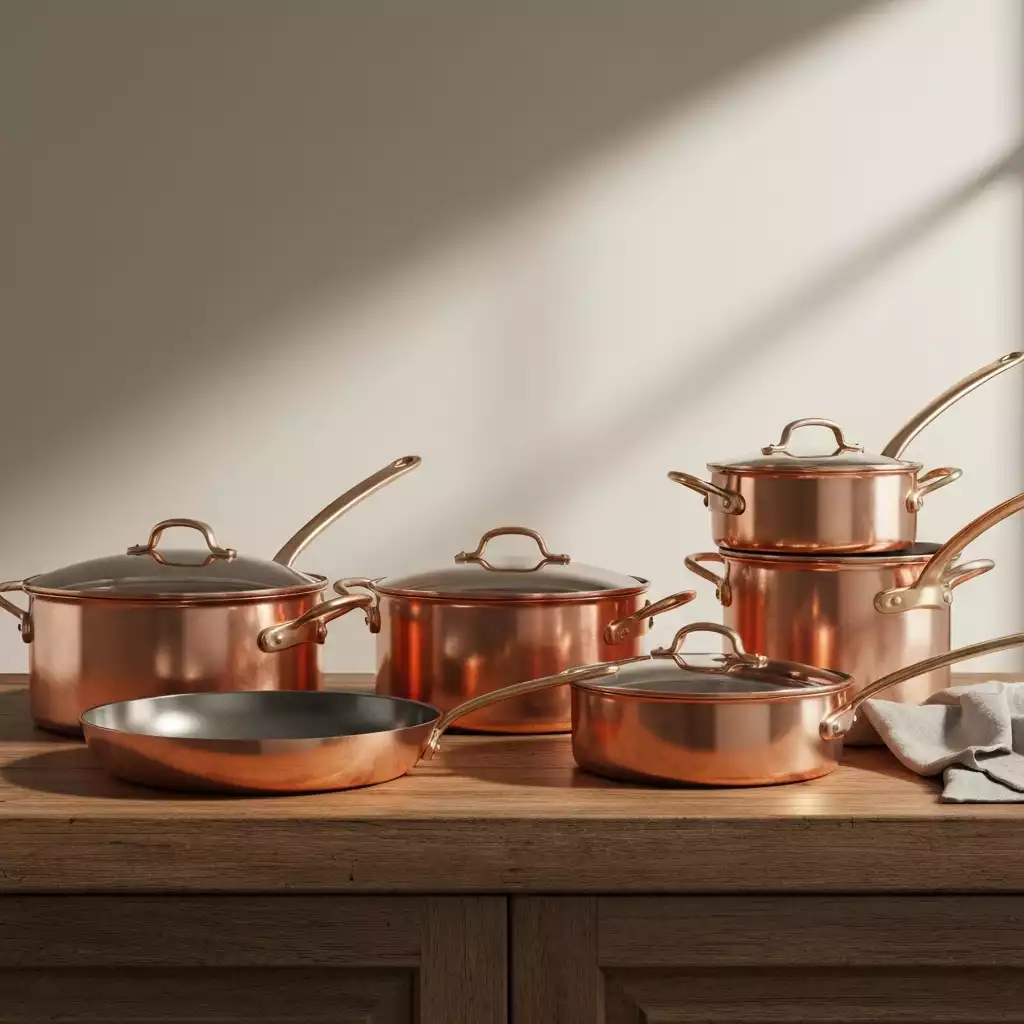 Set of shiny copper pots and pans on a kitchen counter