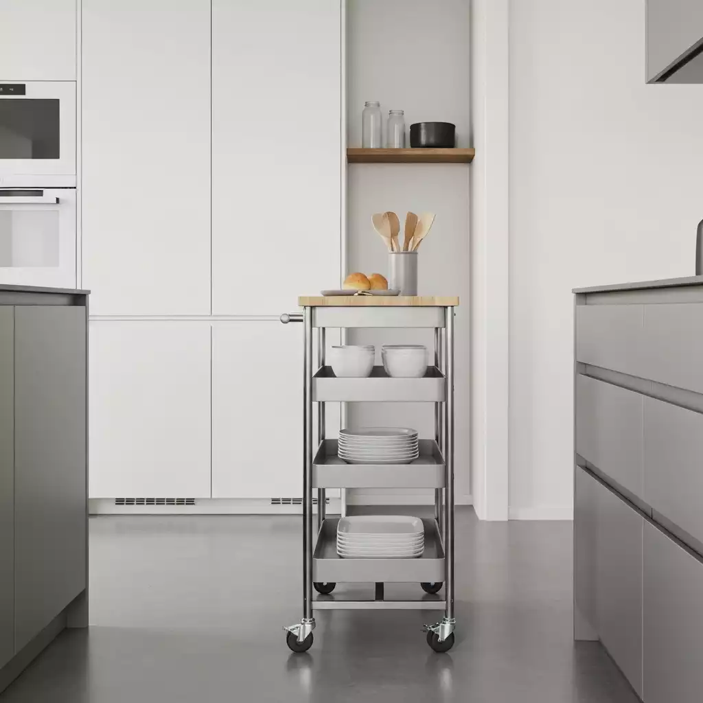 Kitchen with rolling cart for extra prep space