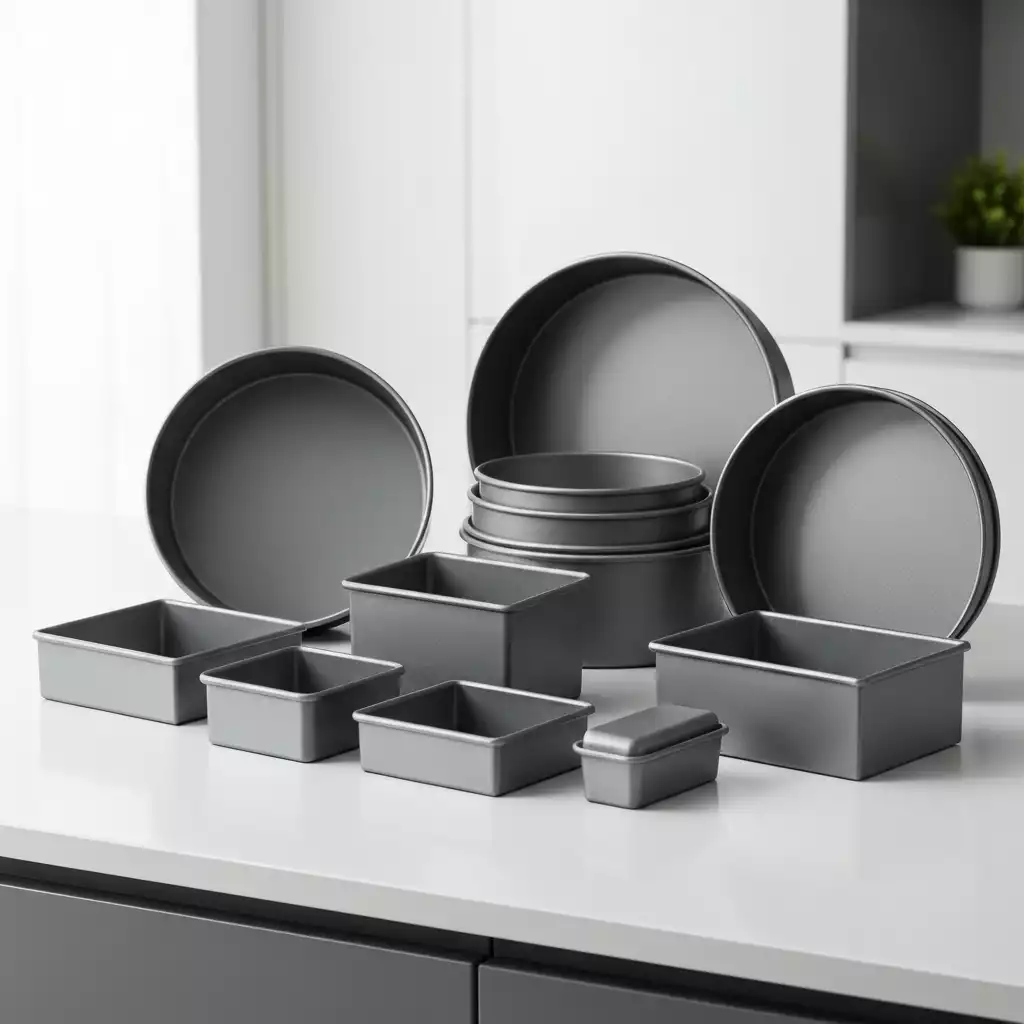 Assortment of non-stick cake pans on a kitchen counter