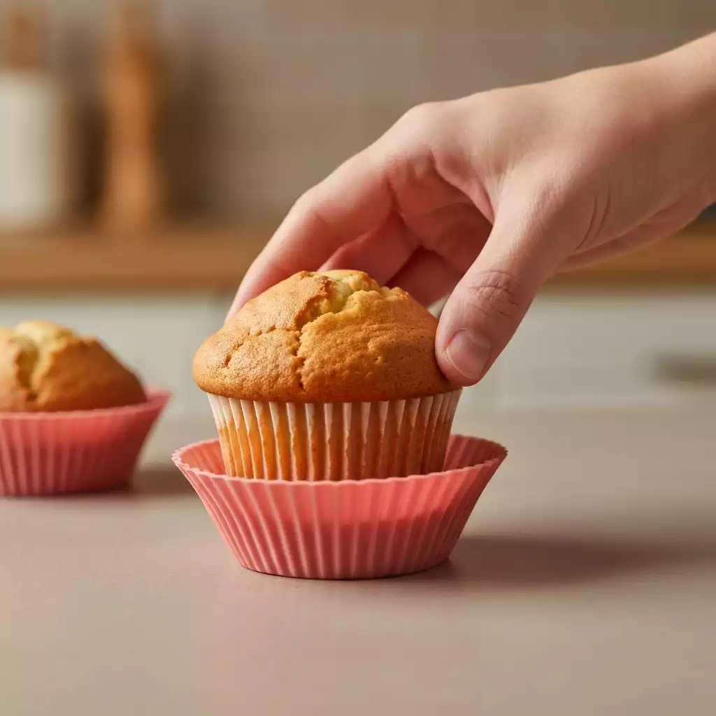 Close-up of a hand placing a muffin into a durable silicone liner