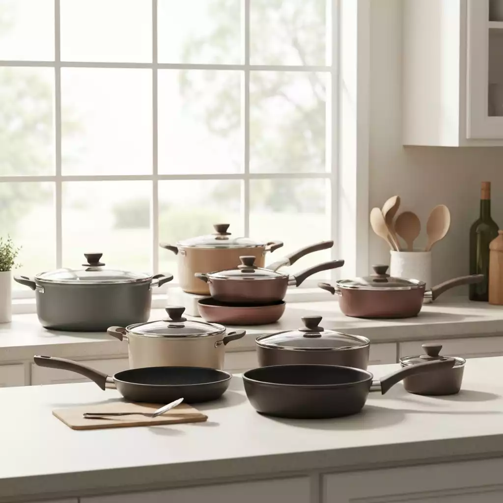 Assortment of modern cookware, including Teflon and ceramic options, displayed neatly in a kitchen, natural lighting, no text, no words, no typography, no labels, clean image