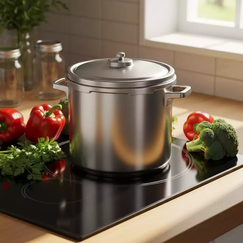 Modern stainless steel pressure canner on a kitchen stove, surrounded by fresh vegetables and glass jars