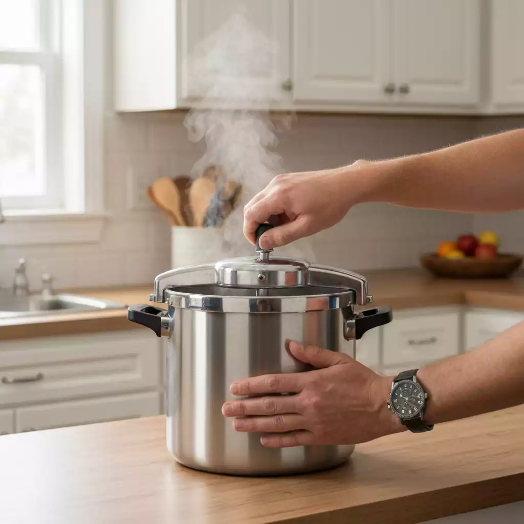 Hands operating a pressure canner, with steam gently rising, showing careful adherence to safety guidelines.