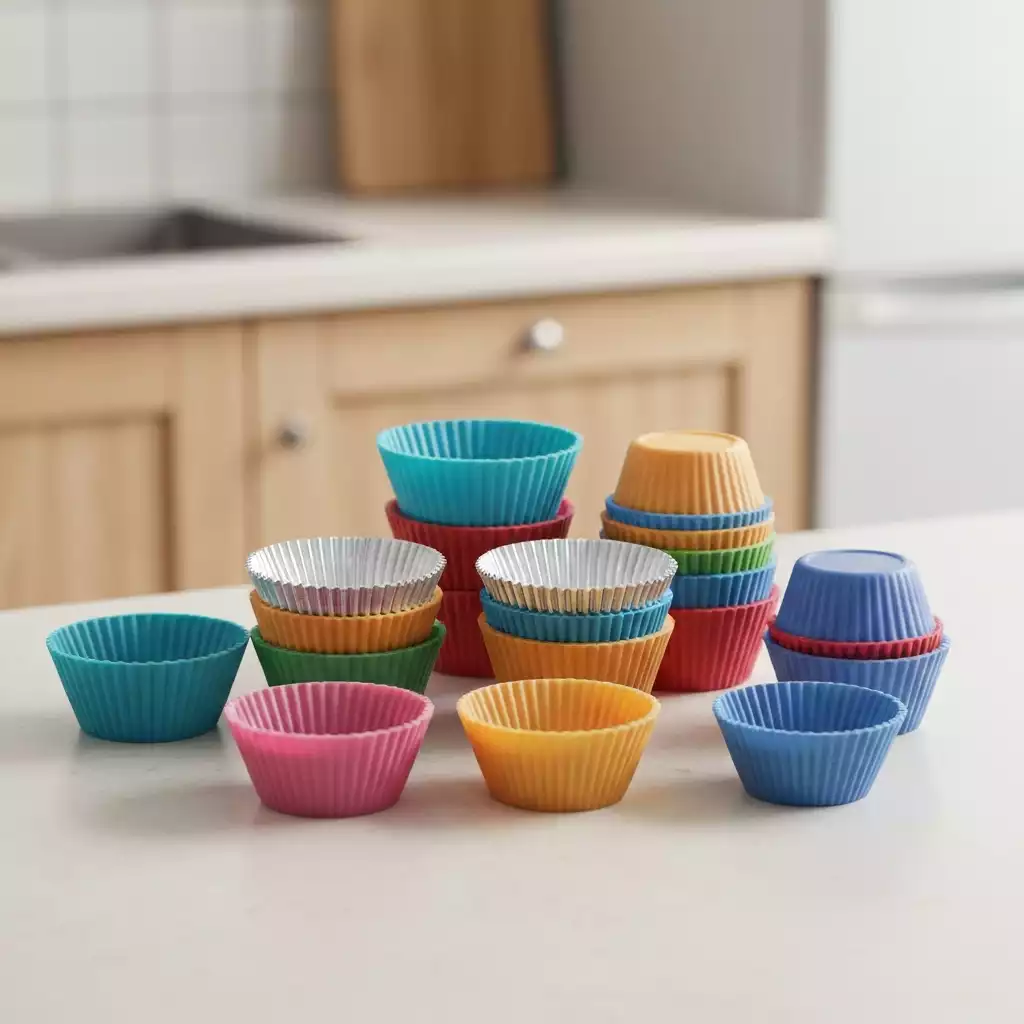 Assortment of silicone, foil, and paper muffin liners