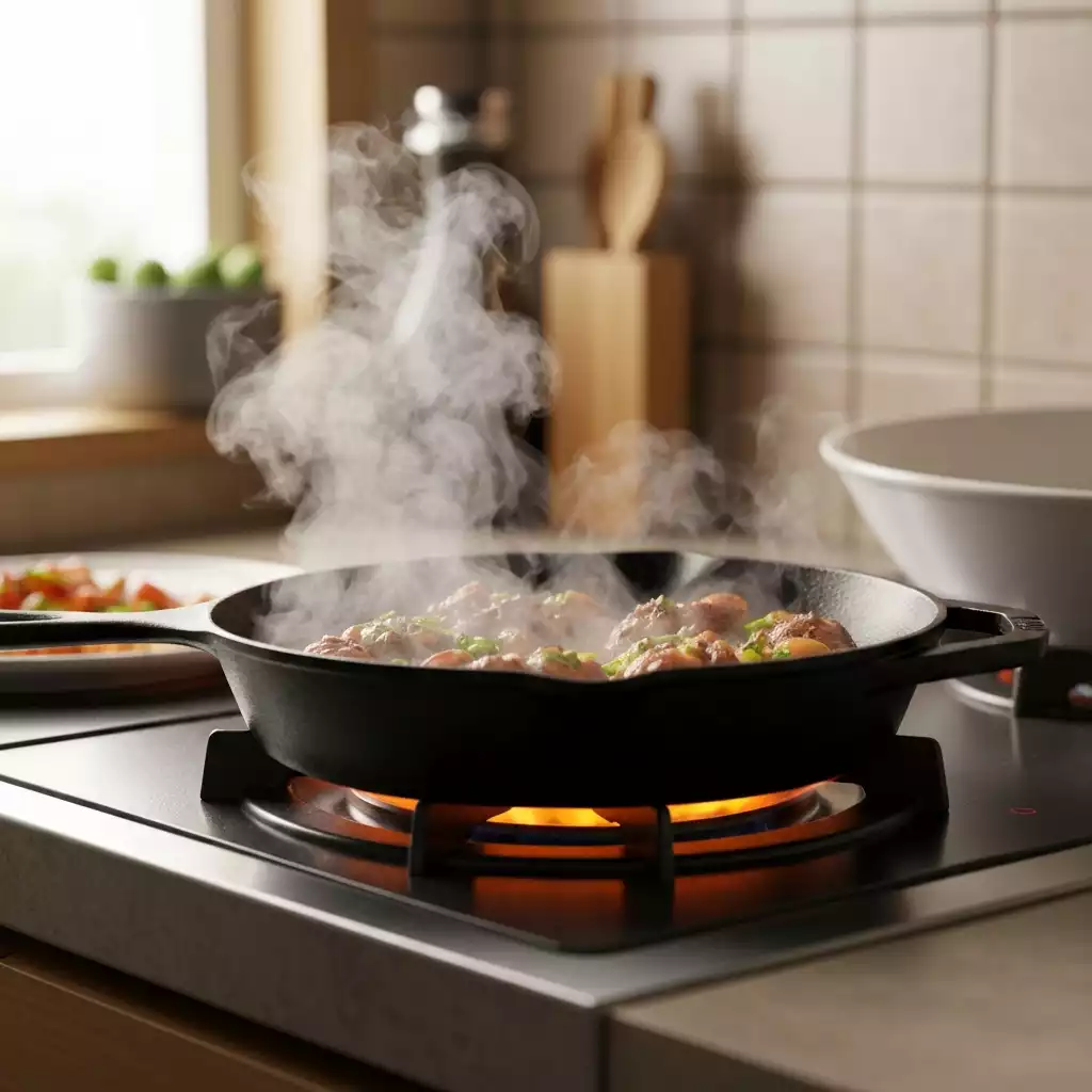 Sizzling food in a perfectly seasoned cast iron skillet on a stovetop