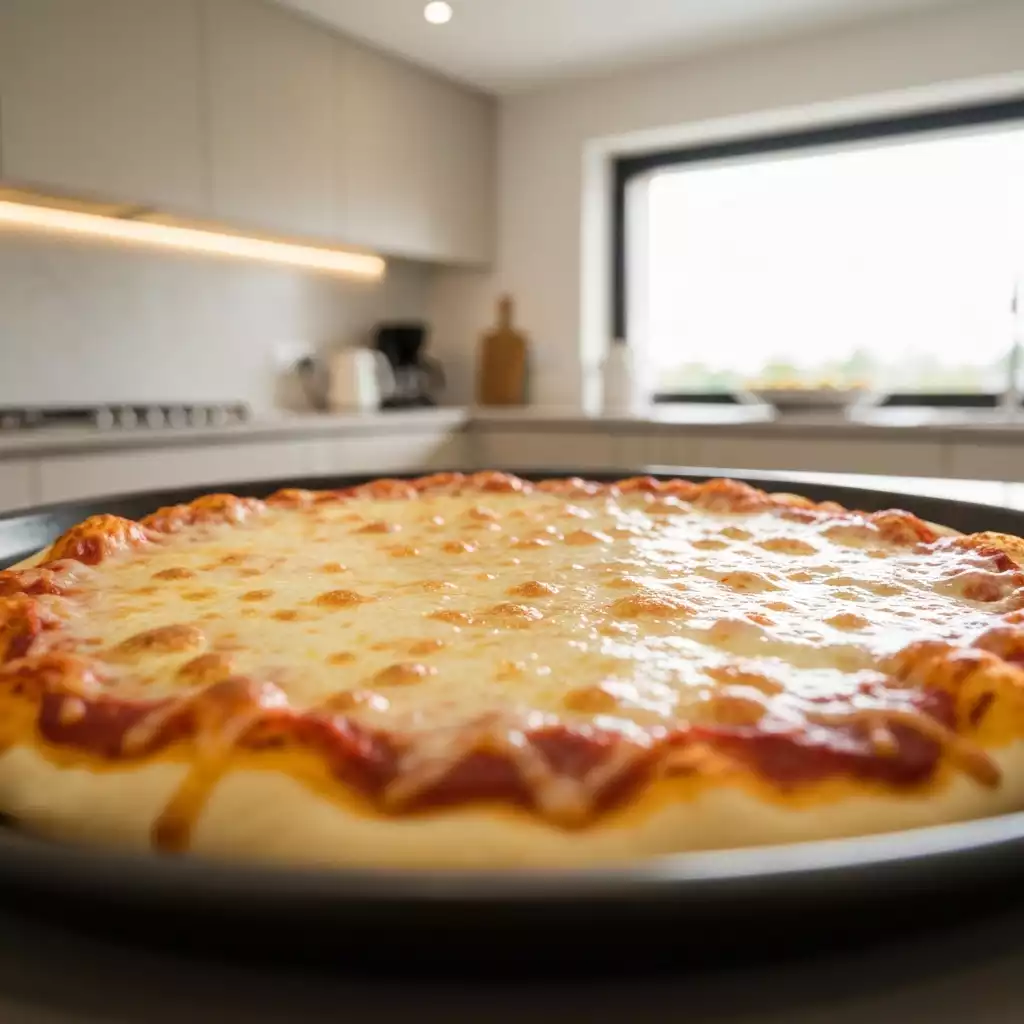 Close-up of a pizza pan with a freshly baked pizza, golden crust, and melted cheese