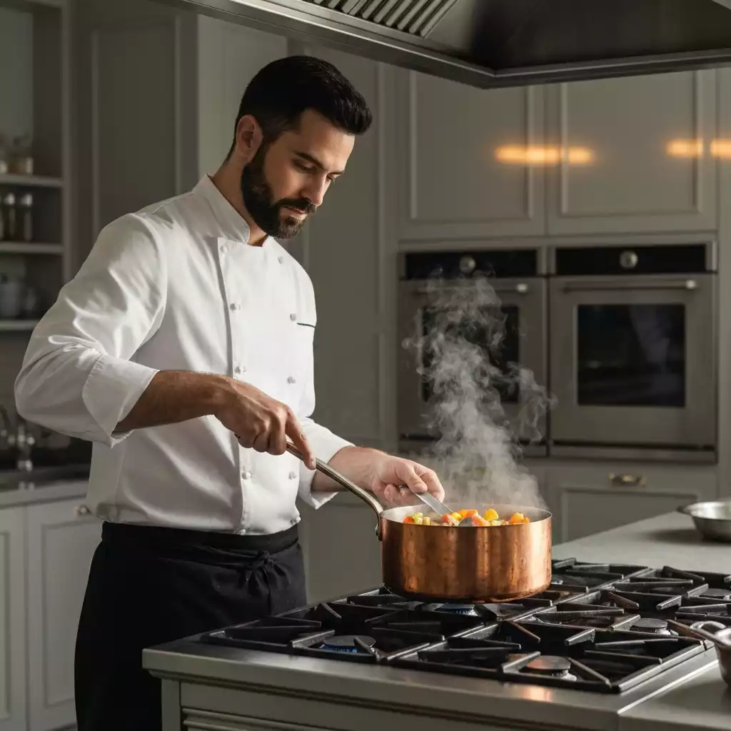 Chef using copper pot to sauté vegetables on a stove