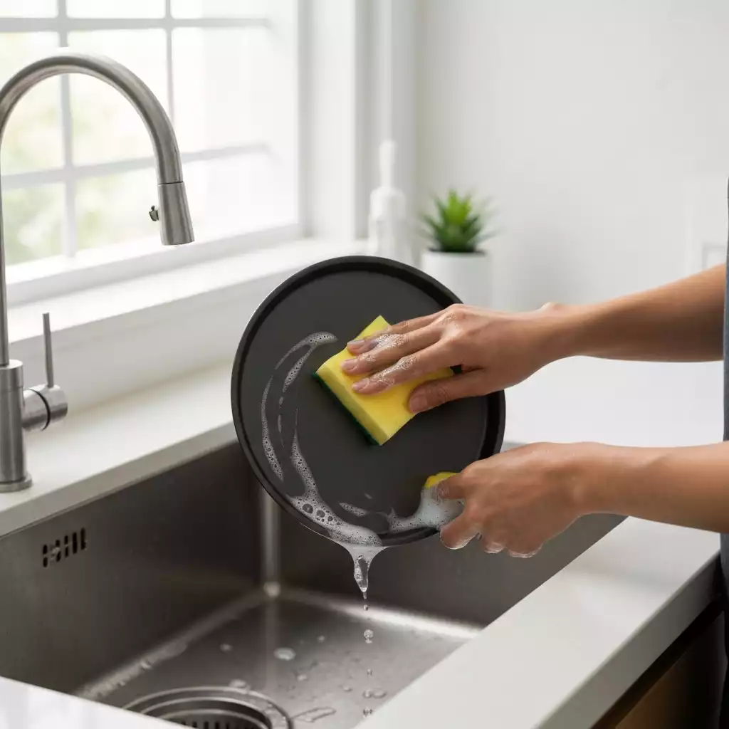 Hands cleaning a non-stick pizza pan with a soft sponge and soapy water
