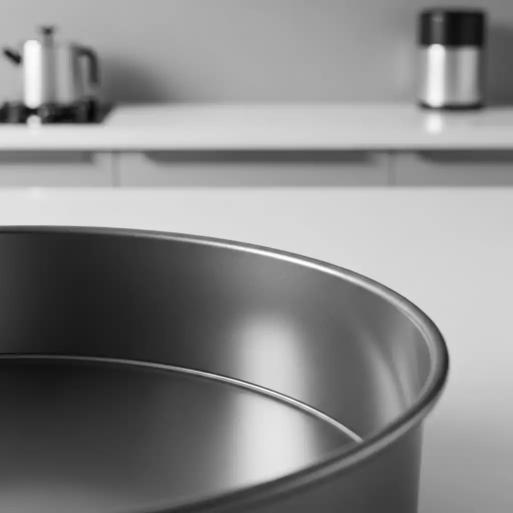 Close-up of a non-stick cake pan showing its smooth surface