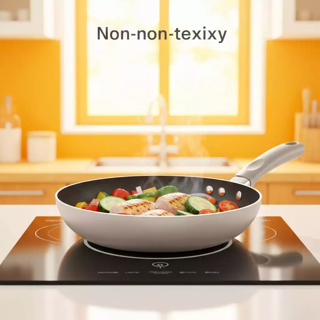 Modern non-stick pan with a healthy meal cooking, emphasizing safety and non-toxic materials, bright kitchen background, no text, no words, no typography, no labels, clean image