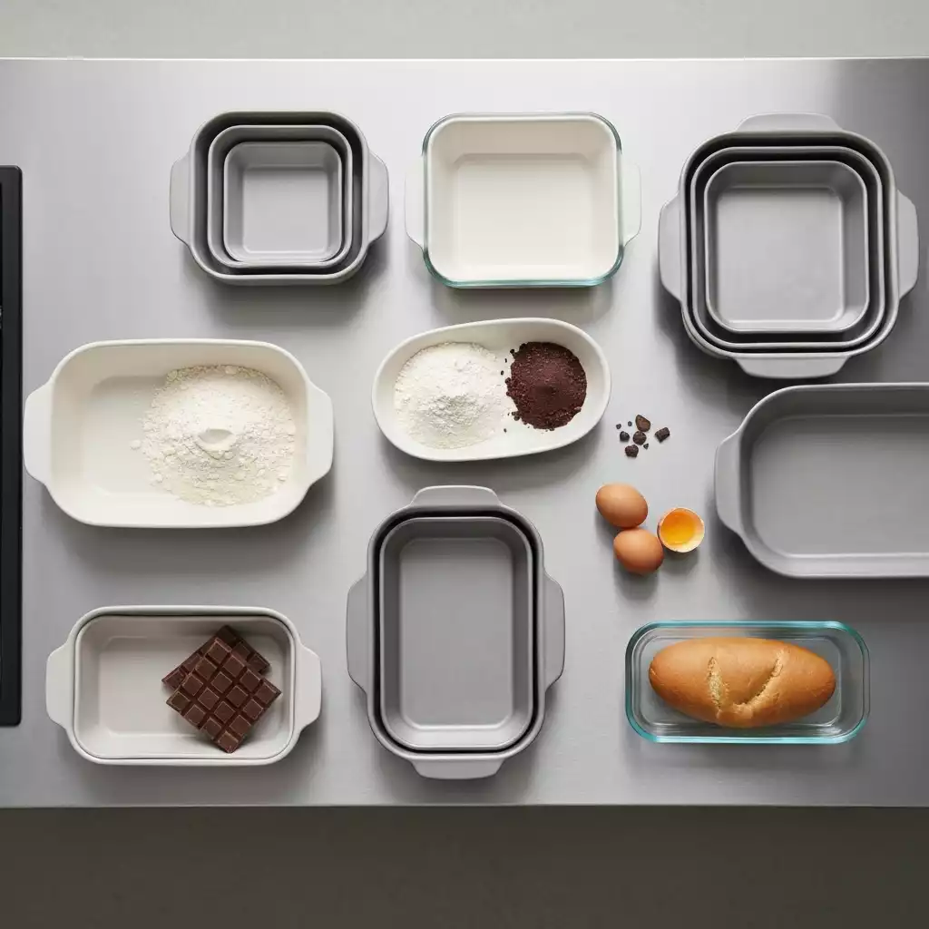 Overhead view of a kitchen counter with various sizes and shapes of oven-safe baking dishes, some nested, some with ingredients, showing versatility and organization, no text, no words, no typography