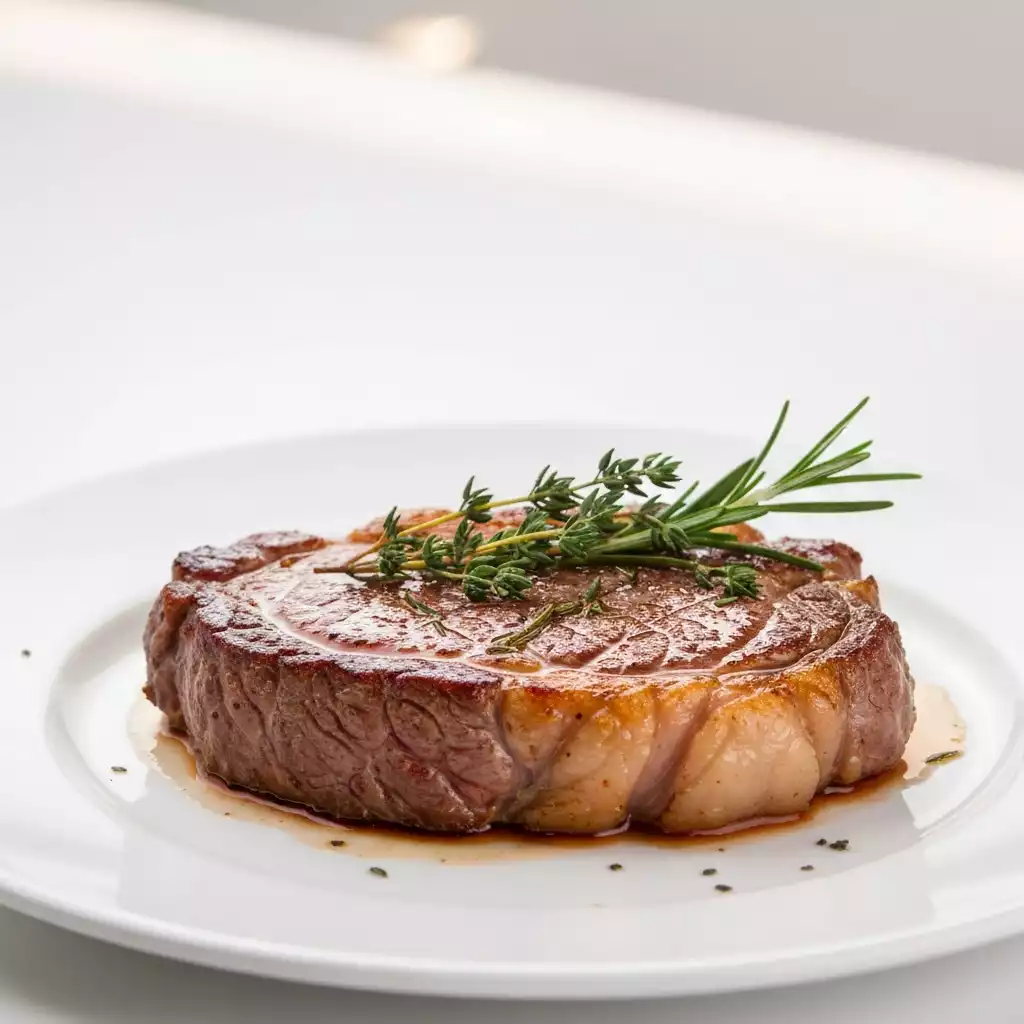 Perfectly pan-seared steak with a golden-brown crust and juicy interior, garnished with fresh herbs, on a white plate