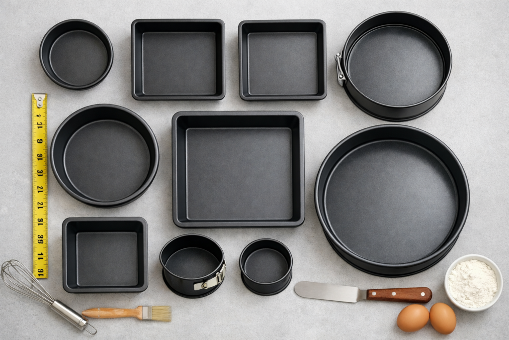 Overhead flat-lay of multiple cake pan sizes and shapes — round, square, and springform — arranged in a grid on a light grey surface, showing size comparison and nonstick interior surfaces, with a measuring tape and baking tools as props for scale reference.