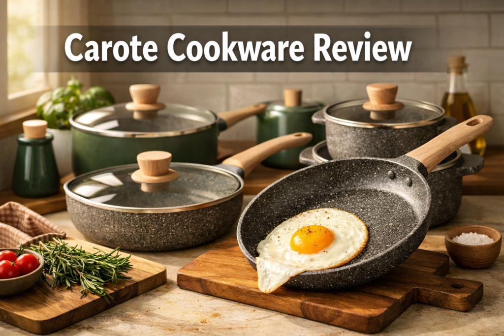 image featuring bold text overlay 'Carote Cookware Review' in extra large 72pt white bold sans-serif font with dark charcoal shadow, centered in upper third against a semi-transparent dark gradient overlay. Background shows a beautifully styled modern kitchen countertop with a set of Carote granite-coated nonstick pans arranged artfully, one pan with a perfectly cooked sunny-side-up egg sliding off effortlessly, warm natural lighting from a window, fresh herbs and wooden cutting board nearby. Color scheme: warm cream, forest green accents matching Carote branding, white text. Magazine cover quality, editorial style, inviting and aspirational. Carote Cookware Reviews