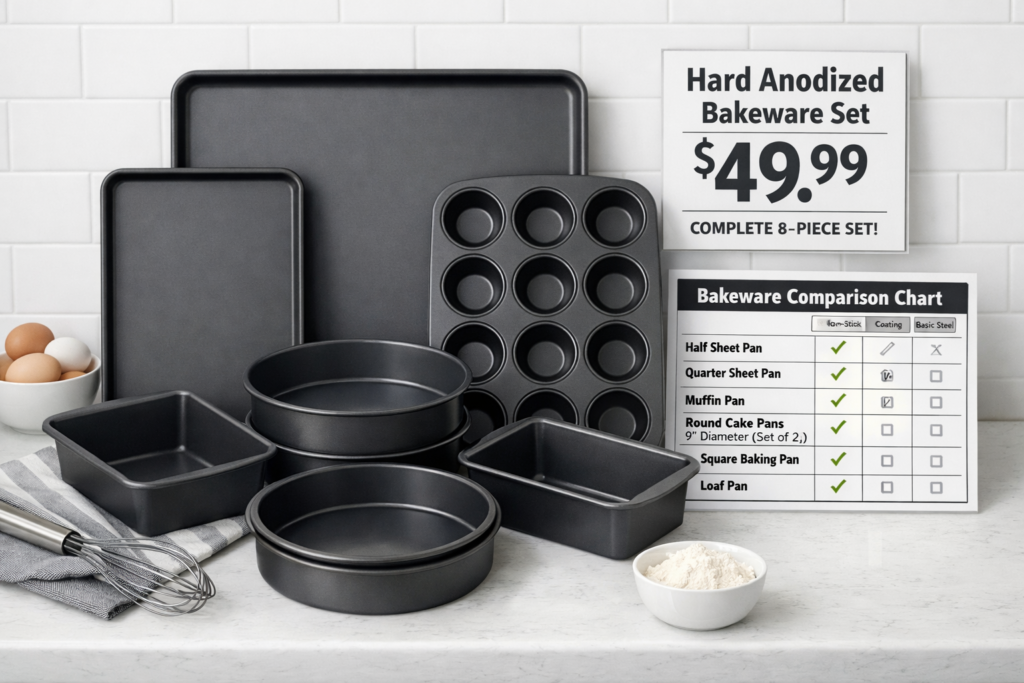 Hard anodized bakeware collection displayed on a kitchen counter with a price tag and comparison chart visible nearby, showing various pan sizes including sheet pans and cake pans in dark anodized finish, shot from a straight-on perspective with clean white background