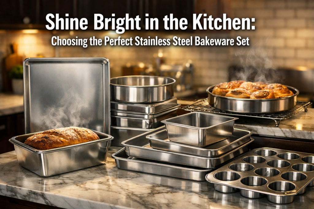 Stainless Steel Bakeware Set Professional hero image for 'Shine Bright in the Kitchen: Choosing the Perfect Stainless Steel Bakeware Set' with bold text overlay 'Shine Bright in the Kitchen: Choosing the Perfect Stainless Steel Bakeware Set' in extra large 70pt white sans-serif font with dark shadow, centered in upper third. Background shows gleaming stainless steel baking pans, sheet pans, and loaf pans arranged on a marble countertop with warm kitchen lighting, steam rising from freshly baked bread. Magazine cover quality, editorial style, high contrast.