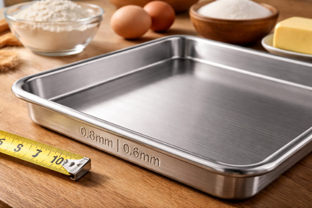 Stainless Steel Bakeware Set Close-up angled perspective of stainless steel baking sheet with rolled edges and embossed gauge markings, placed on wooden kitchen counter with measuring tape and baking ingredients nearby, emphasizing the pan's construction quality and thickness.