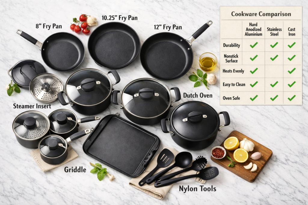 Overhead flat-lay landscape format (1536x1024) showing the complete T-fal Ultimate Hard Anodized 17-piece cookware set arranged in a circular composition on a white marble kitchen surface. Each piece labeled: fry pans 8-inch 10.25-inch 12-inch, covered saucepans, Dutch oven, griddle, steamer insert, nylon tools. Side panel shows a comparison table graphic contrasting hard anodized aluminum vs stainless steel vs cast iron with checkmark ratings. Warm natural window light, professional food styling, matte black cookware gleaming against white marble, editorial kitchen photography quality.