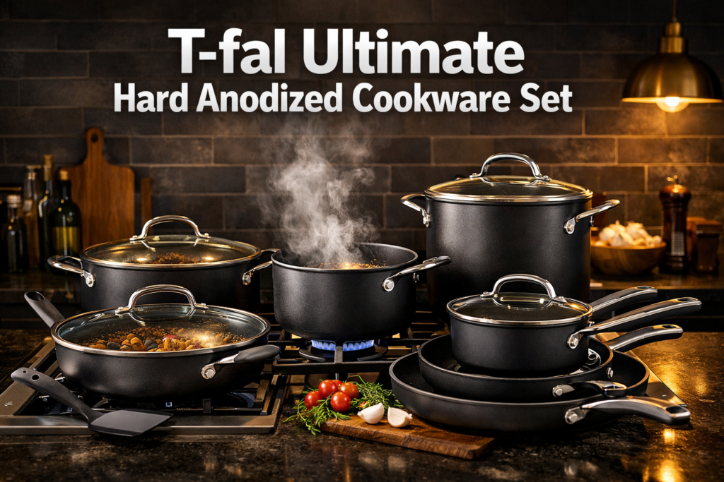 image featuring bold text overlay 'T-fal Ultimate Hard Anodized Cookware Set' in extra large 72pt white bold sans-serif font with dark drop shadow, centered in upper third of frame. Background showcases a stunning dark-toned modern kitchen with a complete T-fal hard anodized black cookware set arranged artfully on a gas stovetop, steam rising from a saucepan, warm ambient lighting highlighting the matte black anodized surface texture. Color scheme: deep charcoal black, warm gold accents, crisp white typography. Magazine cover quality, editorial style, high contrast, professional food photography aesthetic. T-fal Ultimate Hard Anodized Cookware Set