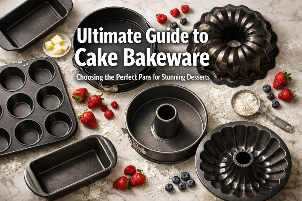Professional hero image for 'Best Bakeware For Cakes: Choosing the Perfect Pans for Stunning Desserts' with bold text overlay in extra large 70pt white sans-serif font with dark shadow, centered in upper third. Background shows an elegant flat-lay of assorted cake pans, round springform pans, bundt molds, and loaf pans arranged on a marble surface with scattered flour and fresh berries. Magazine cover quality, editorial style, high contrast, warm natural lighting.