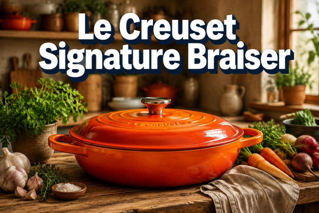Professional landscape format (1536x1024) hero image featuring bold text overlay 'Le Creuset Signature Braiser' in extra large 72pt white sans-serif font with deep shadow effect, centered in upper third of frame. Background shows a stunning flame-orange Le Creuset enameled cast iron braiser with tight-fitting lid resting on a rustic wooden kitchen counter, surrounded by fresh herbs, garlic, and root vegetables. Warm amber and cream kitchen tones with soft natural window light. Color scheme: deep navy text shadow, cream white typography, warm terracotta and orange cookware accents. Magazine cover quality, editorial style, high contrast, professional food photography aesthetic.