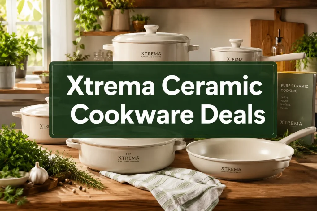 Shop Deals on Xtrema Ceramic Cookware Set Professional landscape format (1536x1024) hero image with bold text overlay 'Xtrema Ceramic Cookware Deals' in crisp white sans-serif on a deep forest-green semi-transparent panel, centered with 8% safe margins. Background: bright studio editorial photograph of a complete Xtrema pure ceramic cookware set arranged on a natural wood kitchen counter, warm daylight streaming from the left, matte cream ceramic surfaces gleaming, a 5-quart pan and skillet prominently featured, lush green herbs as accents, magazine-cover polish, clean and inviting kitchen aesthetic. Xtrema Ceramic Cookware Set