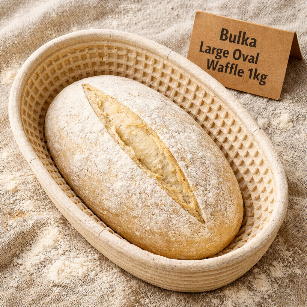 Close-up product shot of the Bulka Wood Pulp Banneton Large Oval Waffle 1kg basket on a floured linen cloth, showing the distinctive waffle interior texture and pale spruce wood pulp walls, with a shaped sourdough batard resting inside. Label 'Bulka Large Oval Waffle 1kg' visible on a small card propped beside the basket. Overhead angle, warm natural light. Wood Pulp Banneton vs Rattan